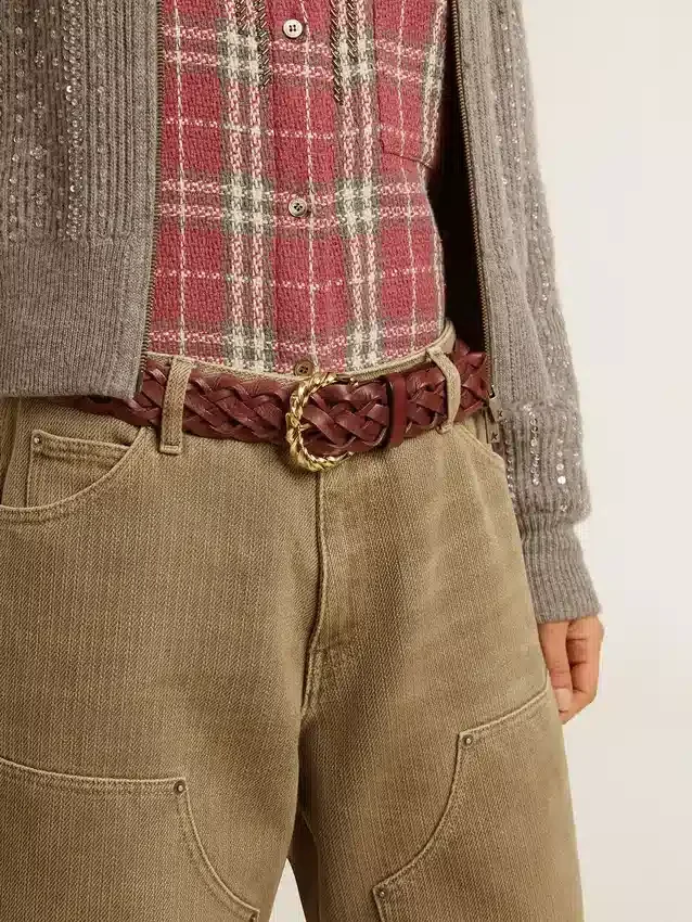 Cinturón de cuero trenzado burdeos para mujer