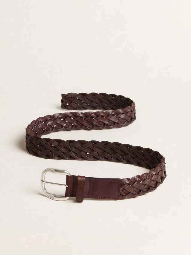 Cinturón de cuero trenzado marrón oscuro para hombre