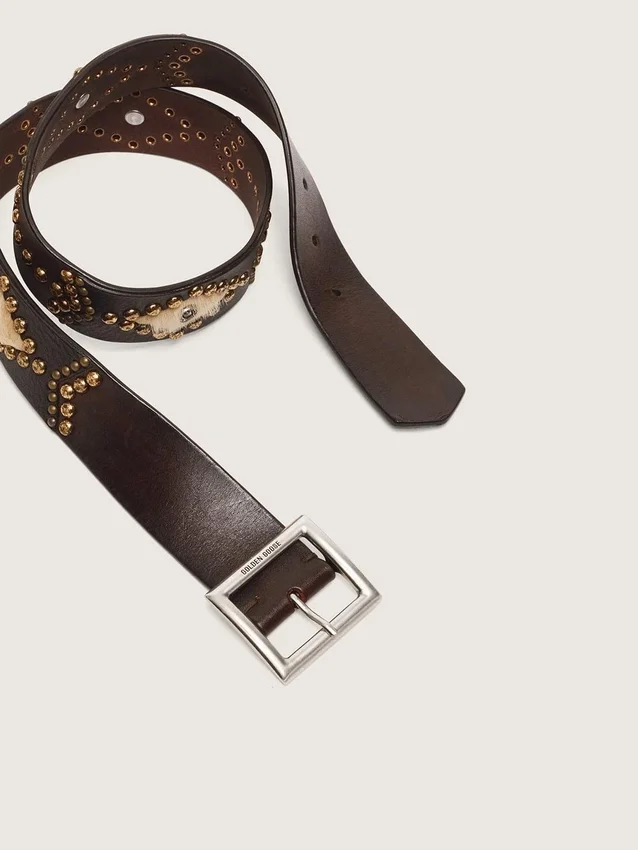 Cinturón Sierra para mujer en piel de caoba con tachuelas decorativas