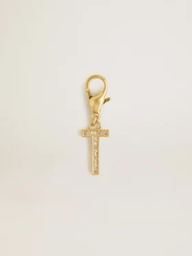 Colgante con la letra T en latón dorado con cristales