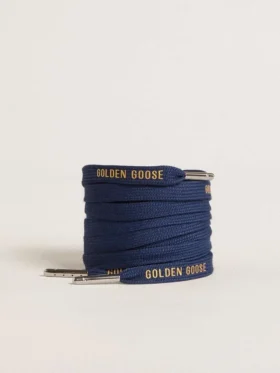 Cordones de algodón azul marino con logotipo dorado en contraste