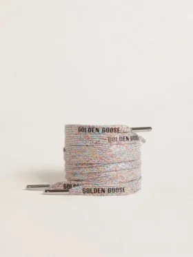 Cordones multicolores de lurex con logotipo negro en contraste