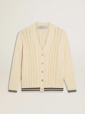 Cárdigan blanco de algodón para hombre con diseño de trenzado y ribetes azules
