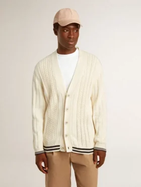 Cárdigan blanco de algodón para hombre con diseño de trenzado y ribetes azules