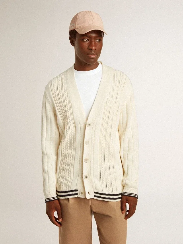 Cárdigan blanco de algodón para hombre con diseño de trenzado y ribetes azules