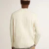 Cárdigan blanco de algodón para hombre con diseño de trenzado y ribetes azules