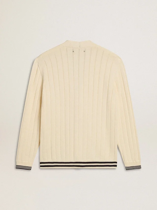 Cárdigan blanco de algodón para hombre con diseño de trenzado y ribetes azules