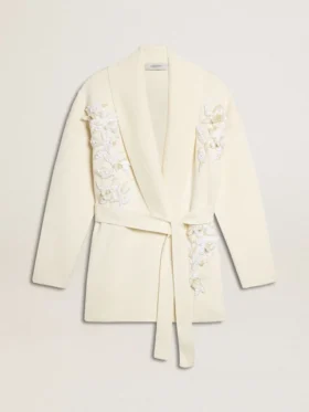 Cárdigan de algodón color crema para mujer con bordados florales