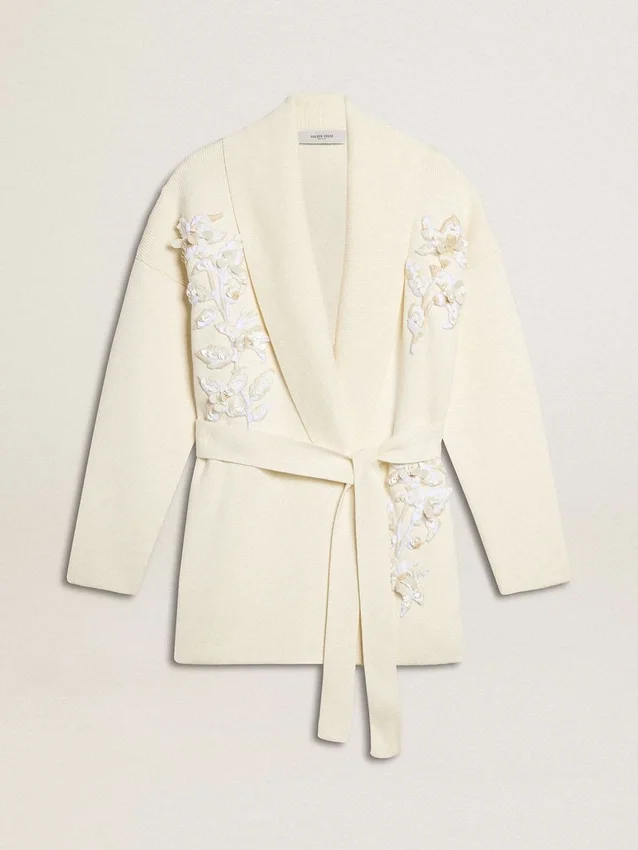 Cárdigan de algodón color crema para mujer con bordados florales