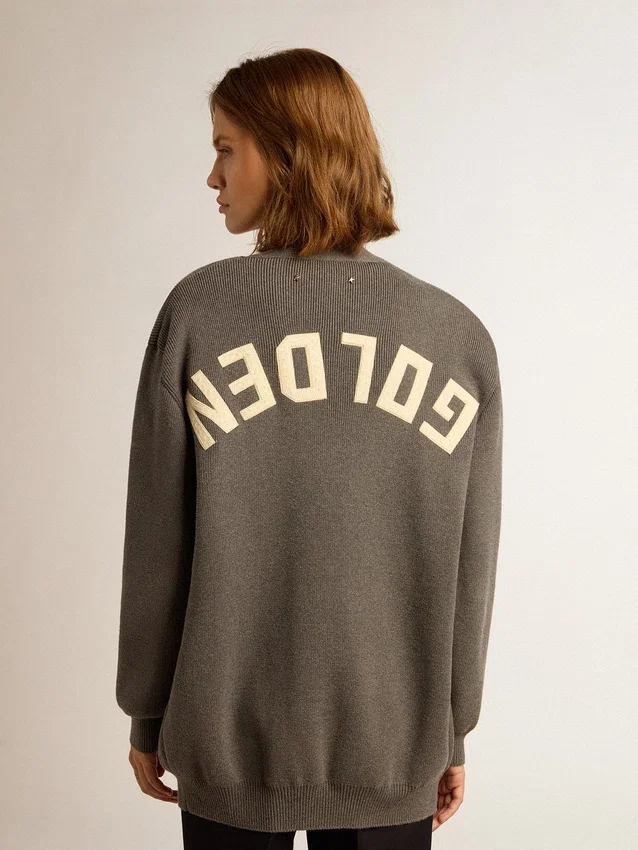 Cárdigan de algodón gris melange para mujer con logotipo en la espalda