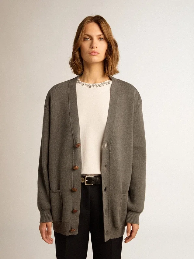 Cárdigan de algodón gris melange para mujer con logotipo en la espalda