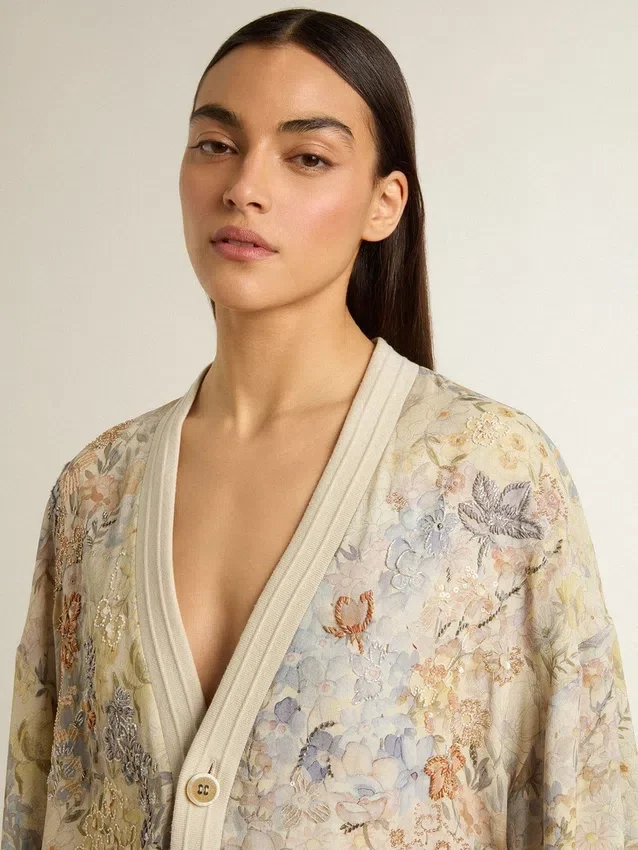 Cárdigan de mujer con estampado floral y bordados