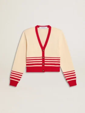 Cárdigan de mujer en color crema con rayas rojas