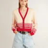 Cárdigan de mujer en color crema con rayas rojas