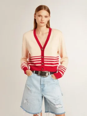 Cárdigan de mujer en color crema con rayas rojas