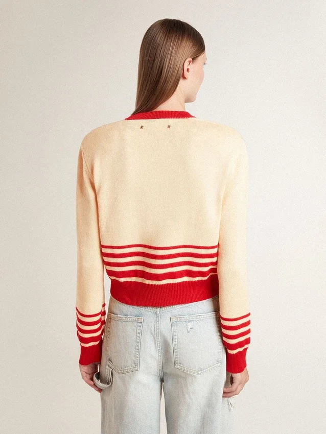 Cárdigan de mujer en color crema con rayas rojas