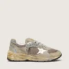 Dad-Star para mujer en ante gris paloma y malla plateada con estrella de piel blanca y lengüeta de ante en el talón