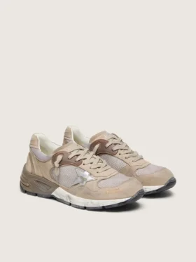 Dad-Star para mujer en malla beige y ante con estrella de piel plateada