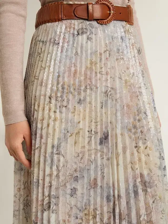 Falda larga plisada de mujer con estampado floral multicolor de lentejuelas