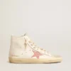 Francy en napa color crema con estrella de piel con estampado de cocodrilo rosa