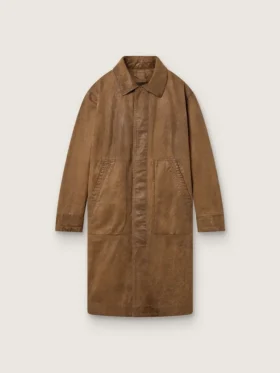 Gabardina unisex de sarga encerada marrón con detalles de piel