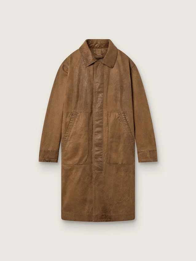 Gabardina unisex de sarga encerada marrón con detalles de piel