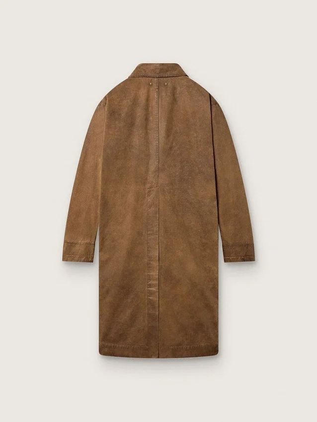 Gabardina unisex de sarga encerada marrón con detalles de piel