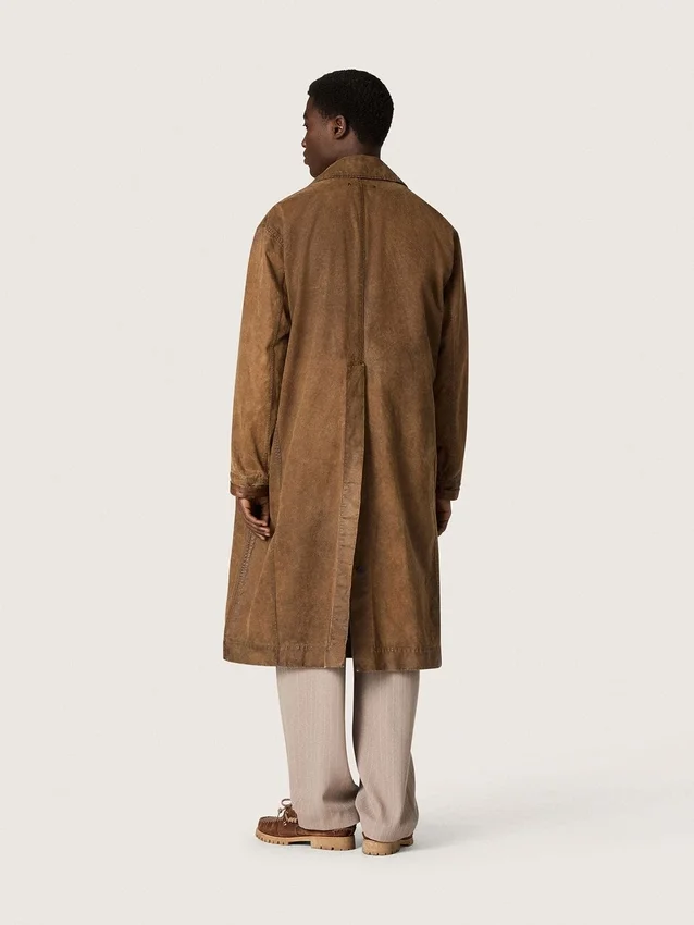 Gabardina unisex de sarga encerada marrón con detalles de piel