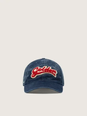 Gorra de béisbol azul vaquero con parche «Golden» de rizo rojo y blanco