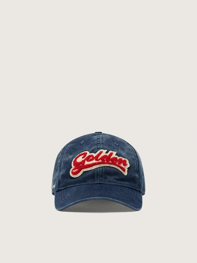 Gorra de béisbol azul vaquero con parche «Golden» de rizo rojo y blanco