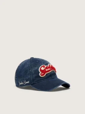 Gorra de béisbol azul vaquero con parche «Golden» de rizo rojo y blanco
