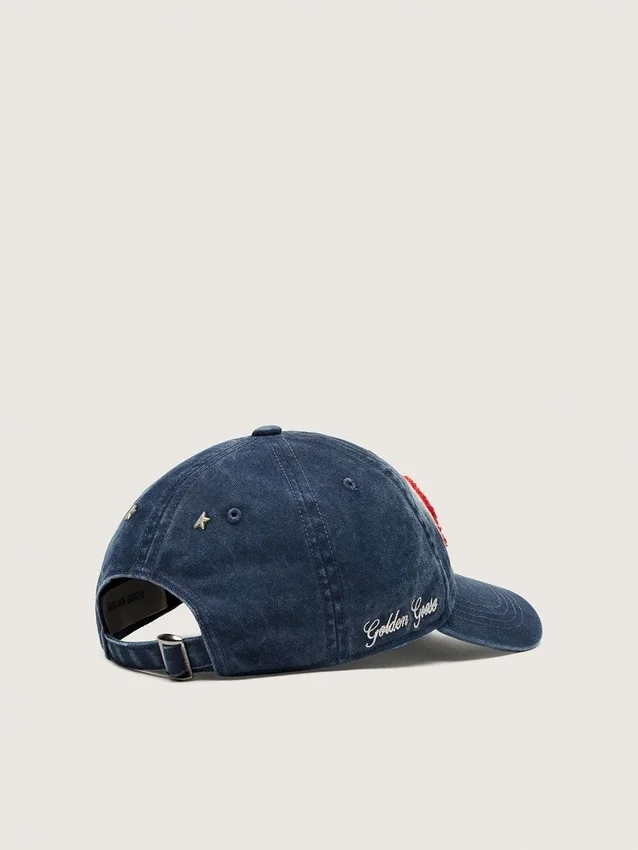 Gorra de béisbol azul vaquero con parche «Golden» de rizo rojo y blanco