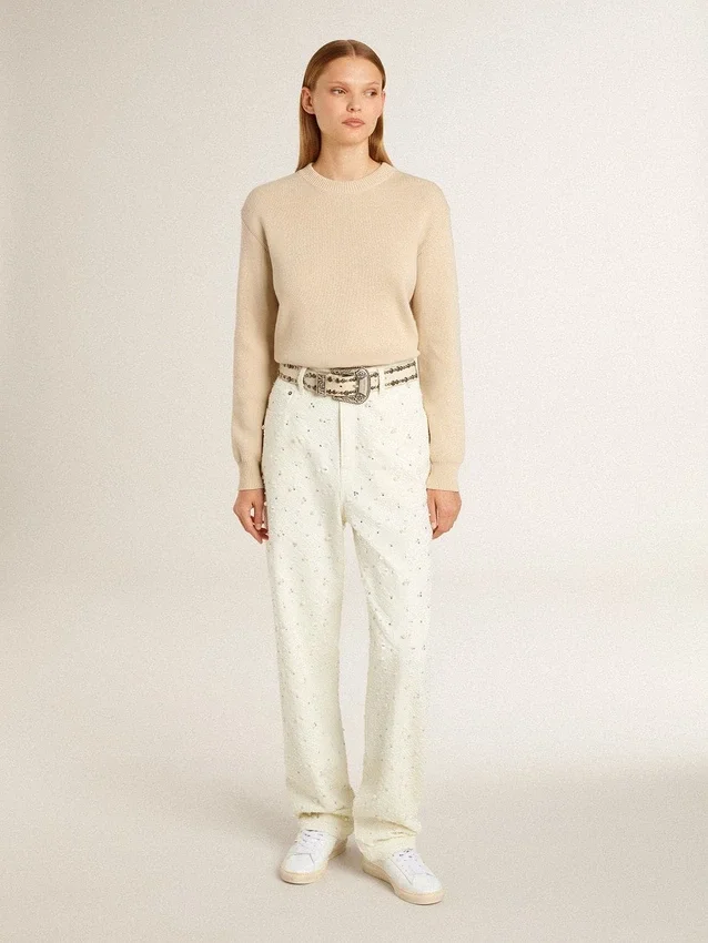 Jersey beige de mujer con la inscripción «Golden» en la espalda