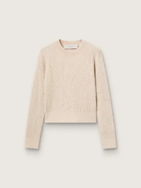 Jersey corto de cuello redondo en lana beige con cristales por toda la prenda