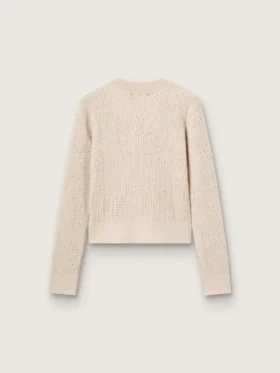 Jersey corto de cuello redondo en lana beige con cristales por toda la prenda