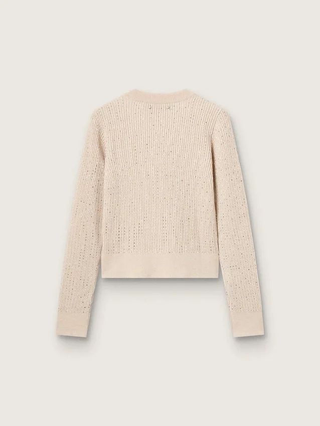 Jersey corto de cuello redondo en lana beige con cristales por toda la prenda