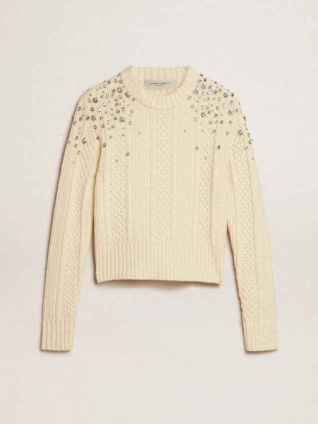 Jersey corto de mujer en blanco desgastado con cristales decorativos