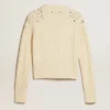 Jersey corto de mujer en blanco desgastado con cristales decorativos
