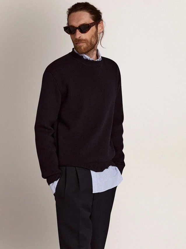 Jersey de cuello redondo para hombre de algodón azul oscuro