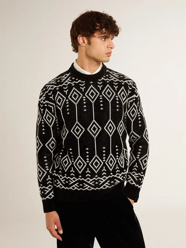 Jersey de cuello redondo para hombre, de mezcla de lana, con diseño de rombos en jacquard