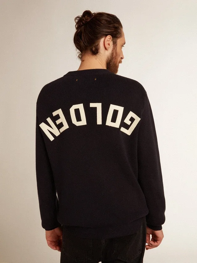 Jersey de cuello redondo para hombre en algodón azul oscuro con logotipo