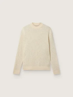 Jersey de cuello redondo para hombre en lana merino blanca con cristales por toda la prenda