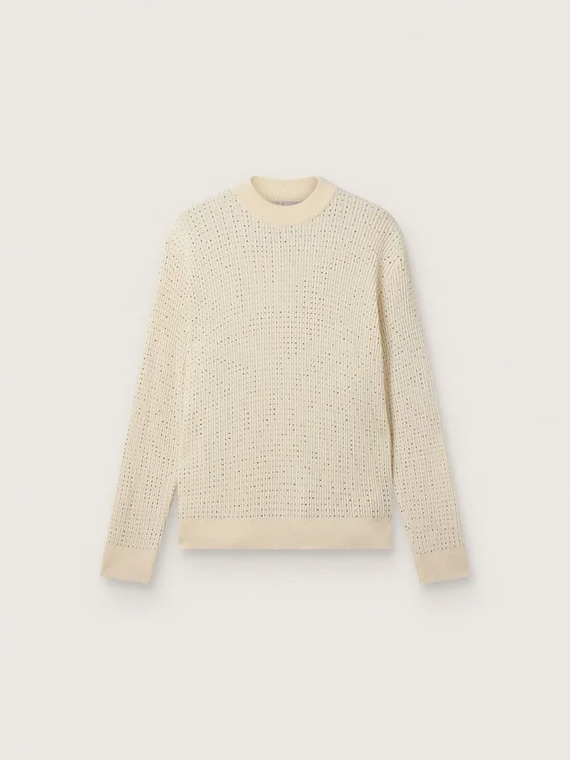 Jersey de cuello redondo para hombre en lana merino blanca con cristales por toda la prenda