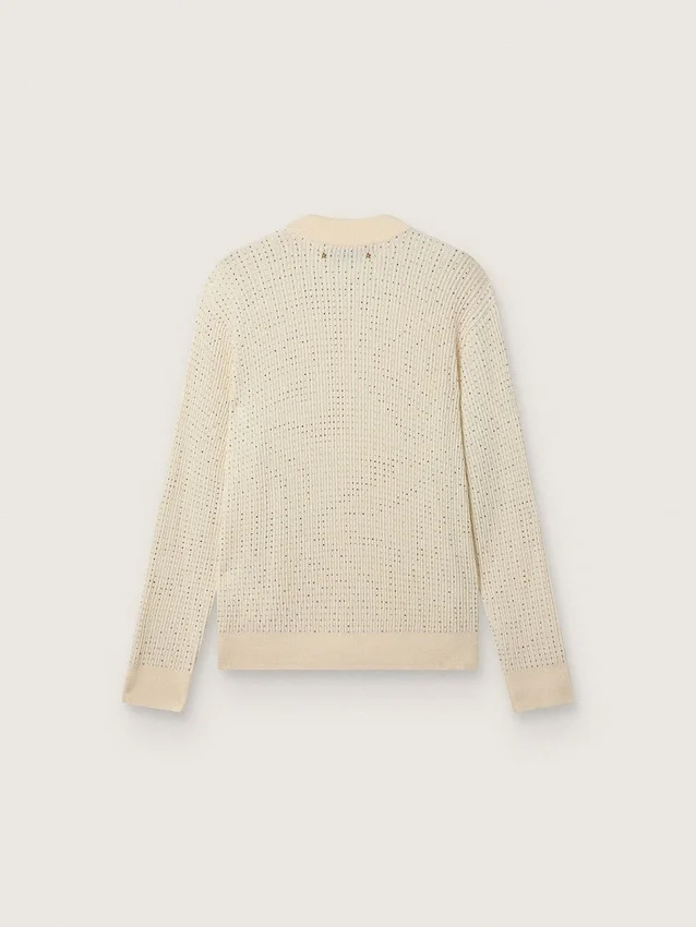 Jersey de cuello redondo para hombre en lana merino blanca con cristales por toda la prenda