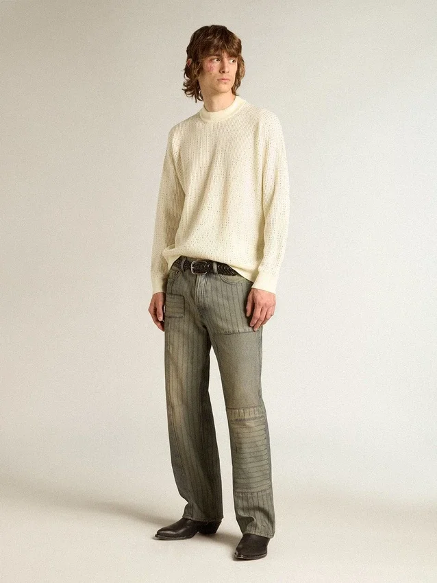 Jersey de cuello redondo para hombre en lana merino blanca con cristales por toda la prenda