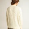 Jersey de cuello redondo para hombre en lana merino blanca con cristales por toda la prenda