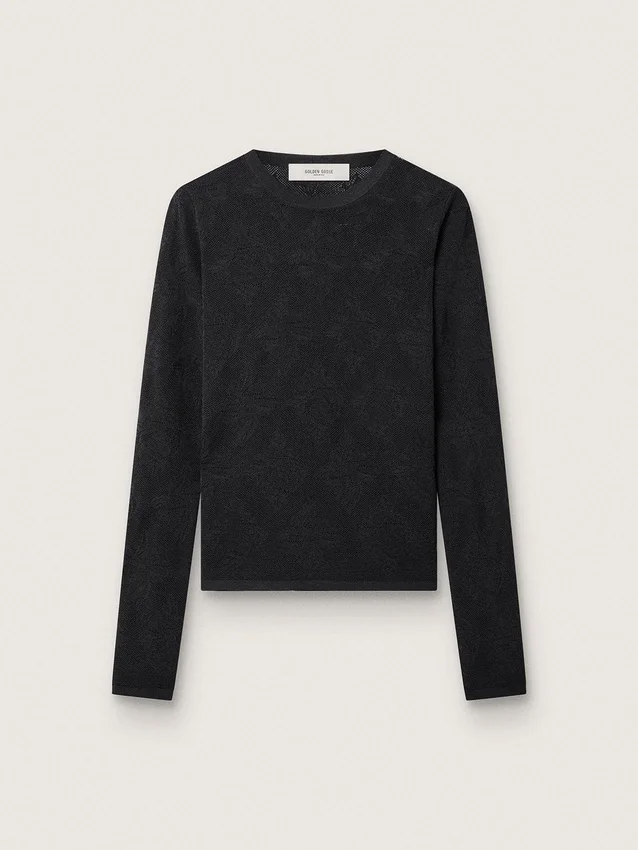 Jersey de cuello redondo para mujer con estampado jacquard floral negro