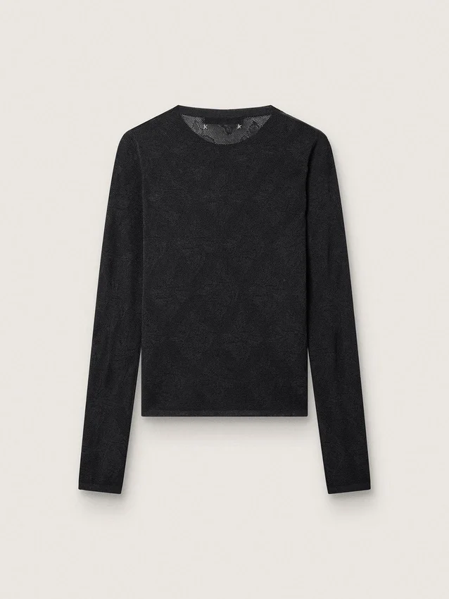 Jersey de cuello redondo para mujer con estampado jacquard floral negro