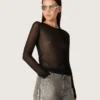 Jersey de cuello redondo para mujer con estampado jacquard floral negro