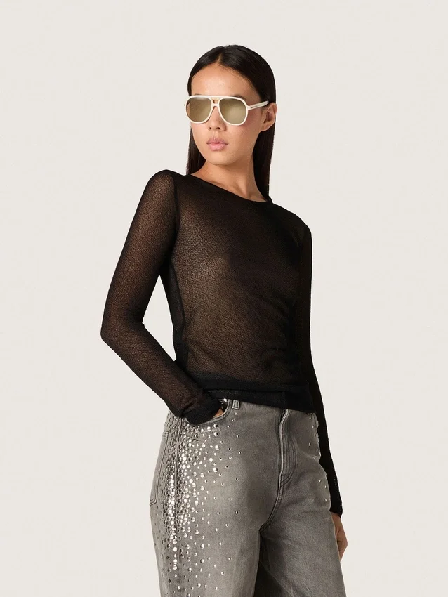 Jersey de cuello redondo para mujer con estampado jacquard floral negro